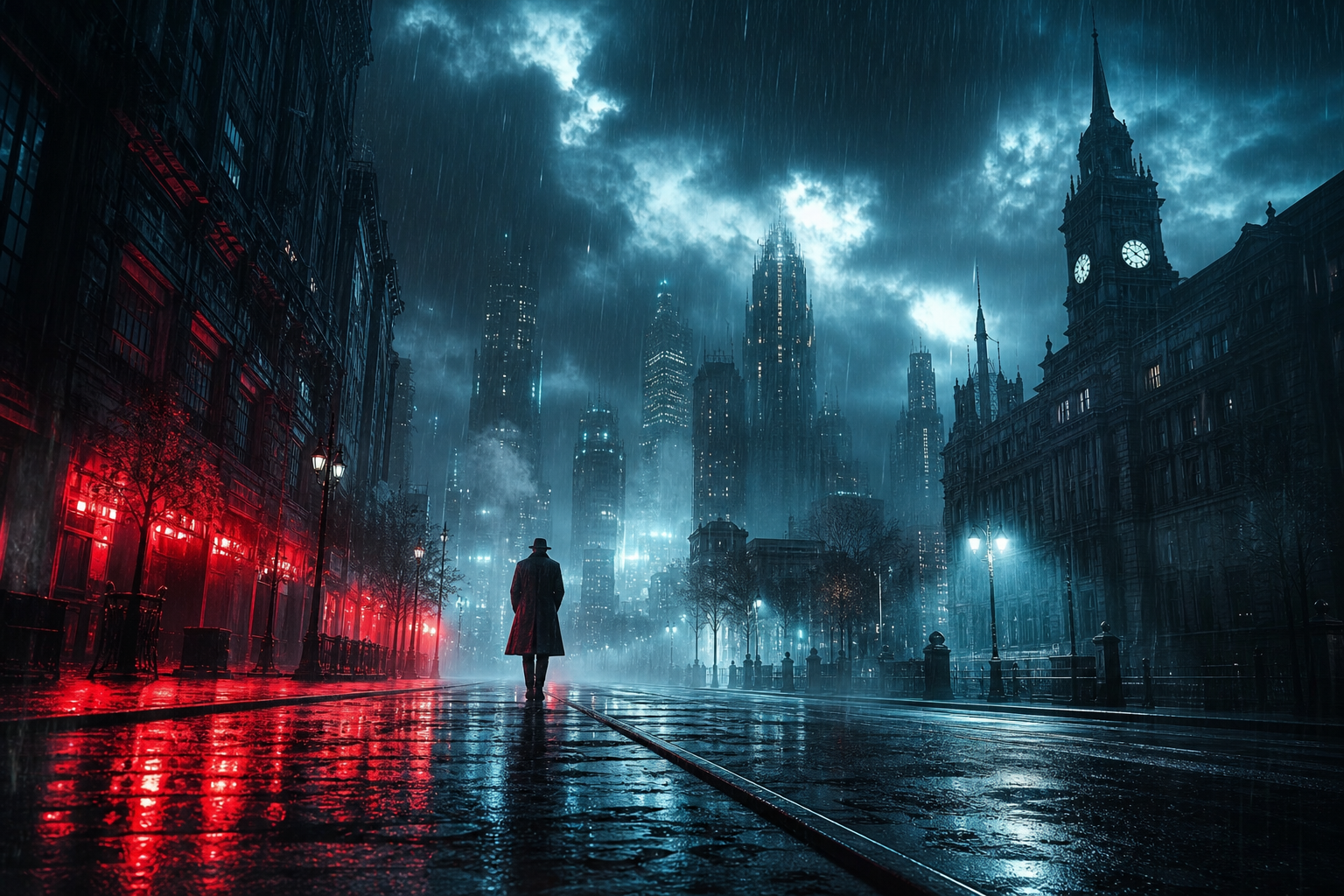 Mysterious Noir City Street With Rain And Dramatic Lighting Movie Wallpaper  4 4K