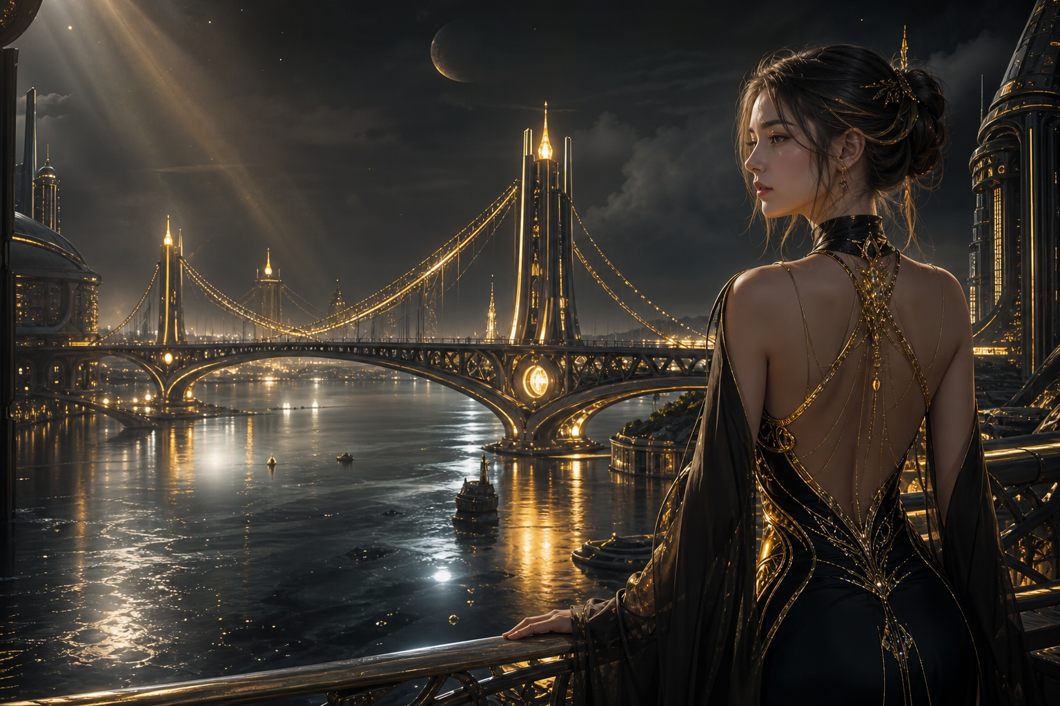 Neon Bridge Over Futuristic River Ai-Girls Wallpaper  11 4K