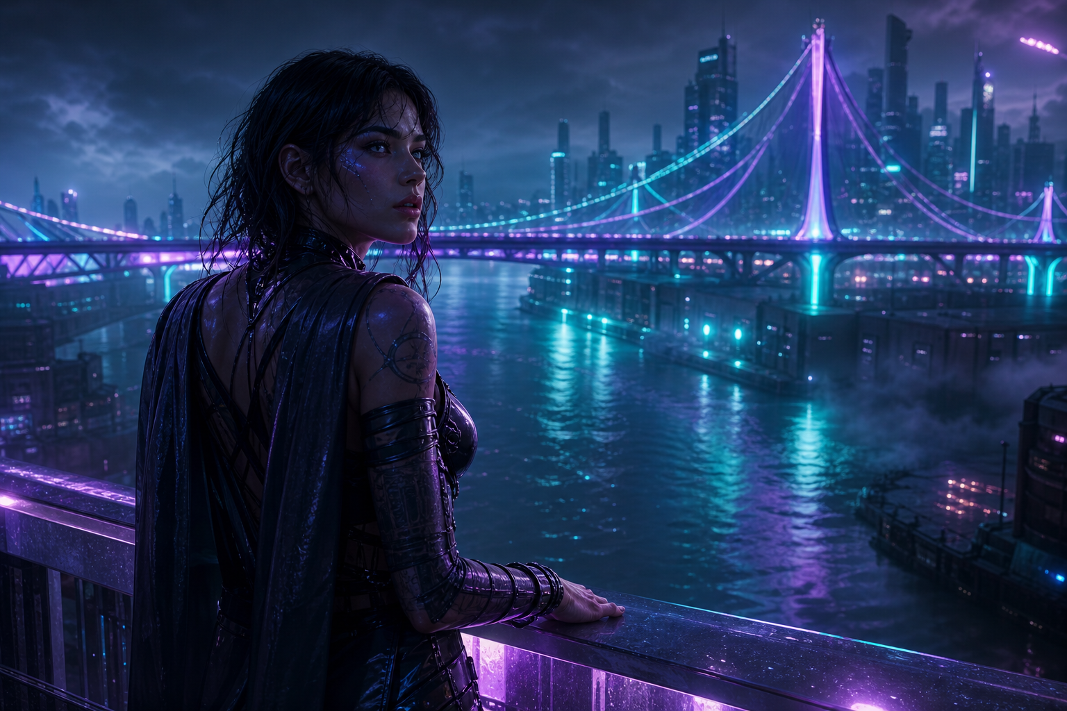 Neon Bridge Over Futuristic River Ai-Girls Wallpaper  11 4K