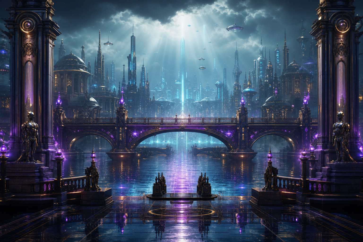 Neon Bridge Over Futuristic River Art Wallpaper  11 4K
