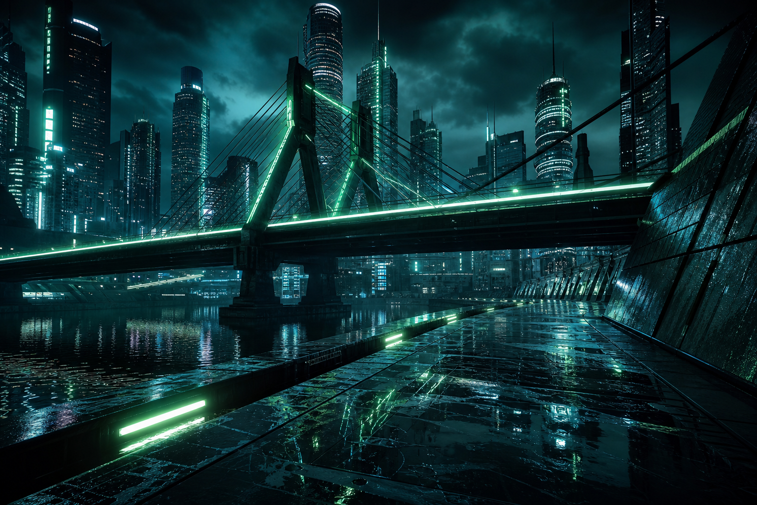 Neon Bridge Over Futuristic River Cyberpunk Wallpaper  11 4K