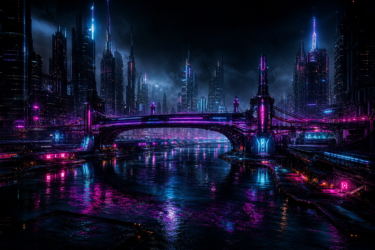 Neon Bridge Over Futuristic River Cyberpunk Wallpaper  11 4K