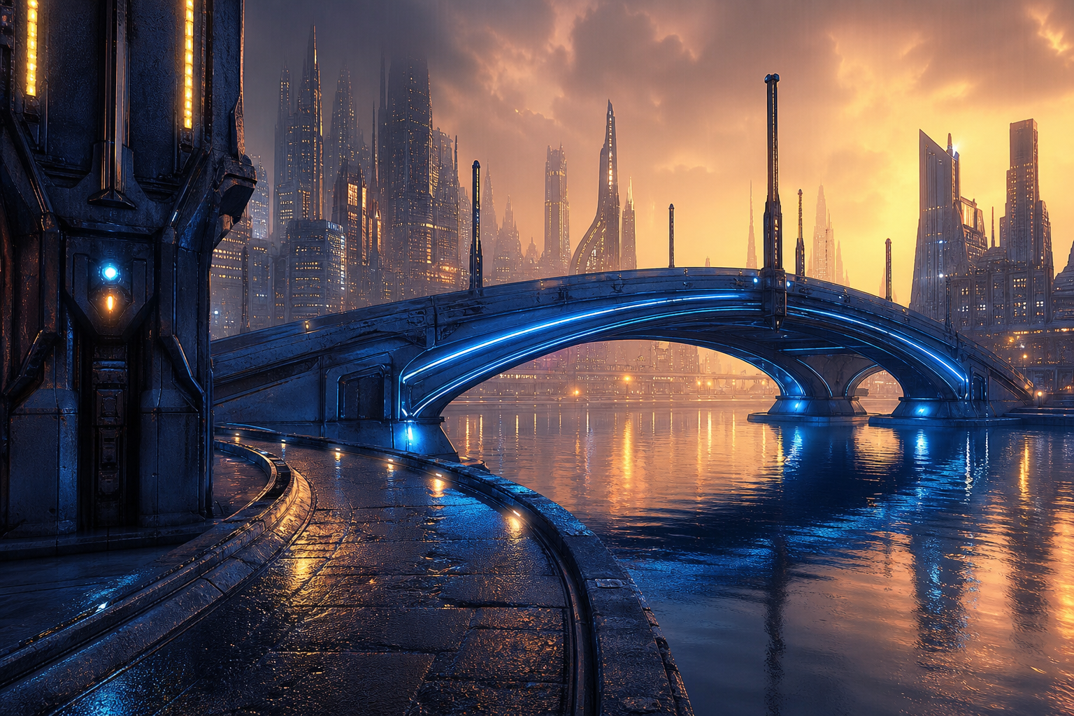 Neon Bridge Over Futuristic River Cyberpunk Wallpaper  11 4K