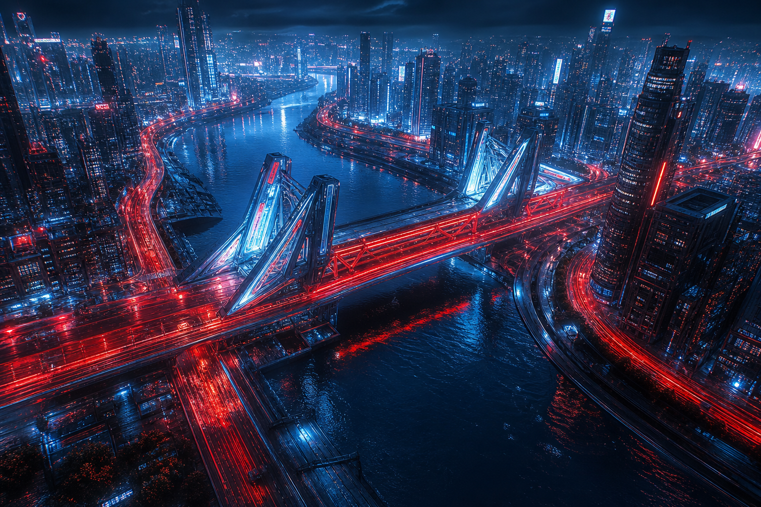 Neon Bridge Over Futuristic River Cyberpunk Wallpaper  11 4K