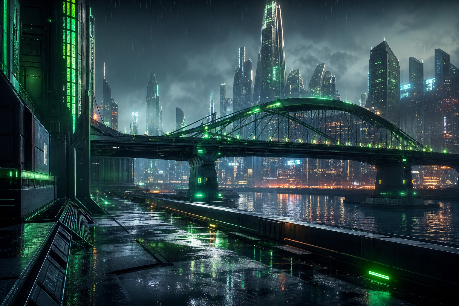 Neon Bridge Over Futuristic River Cyberpunk Wallpaper  11 4K