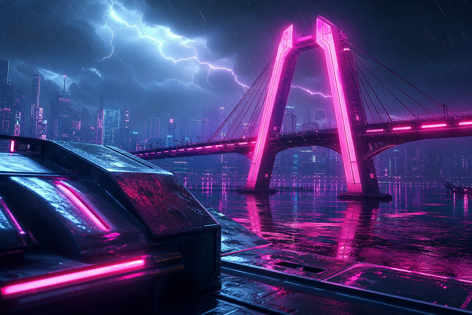 Neon Bridge Over Futuristic River Cyberpunk Wallpaper  11 4K