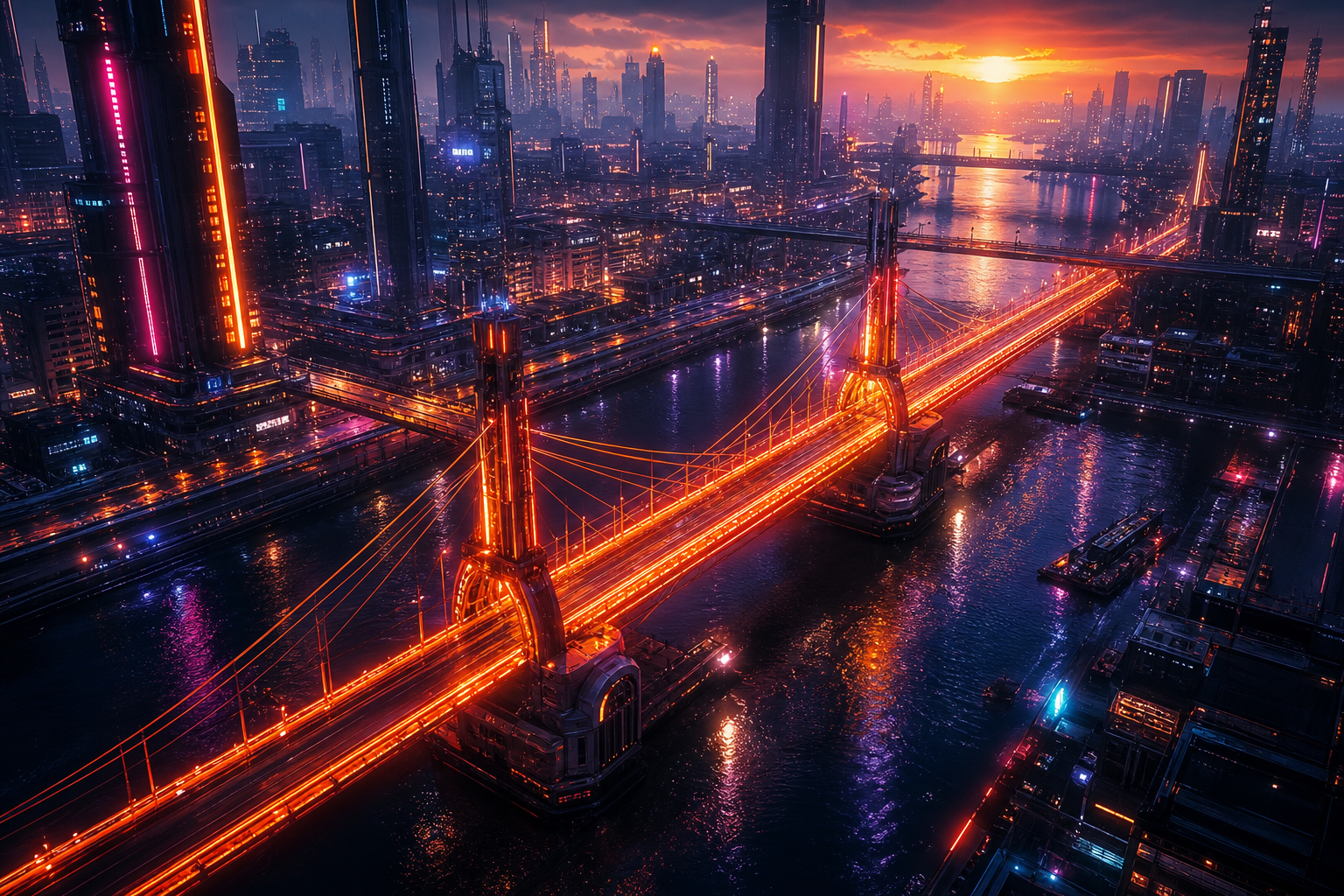 Neon Bridge Over Futuristic River Cyberpunk Wallpaper  11 4K