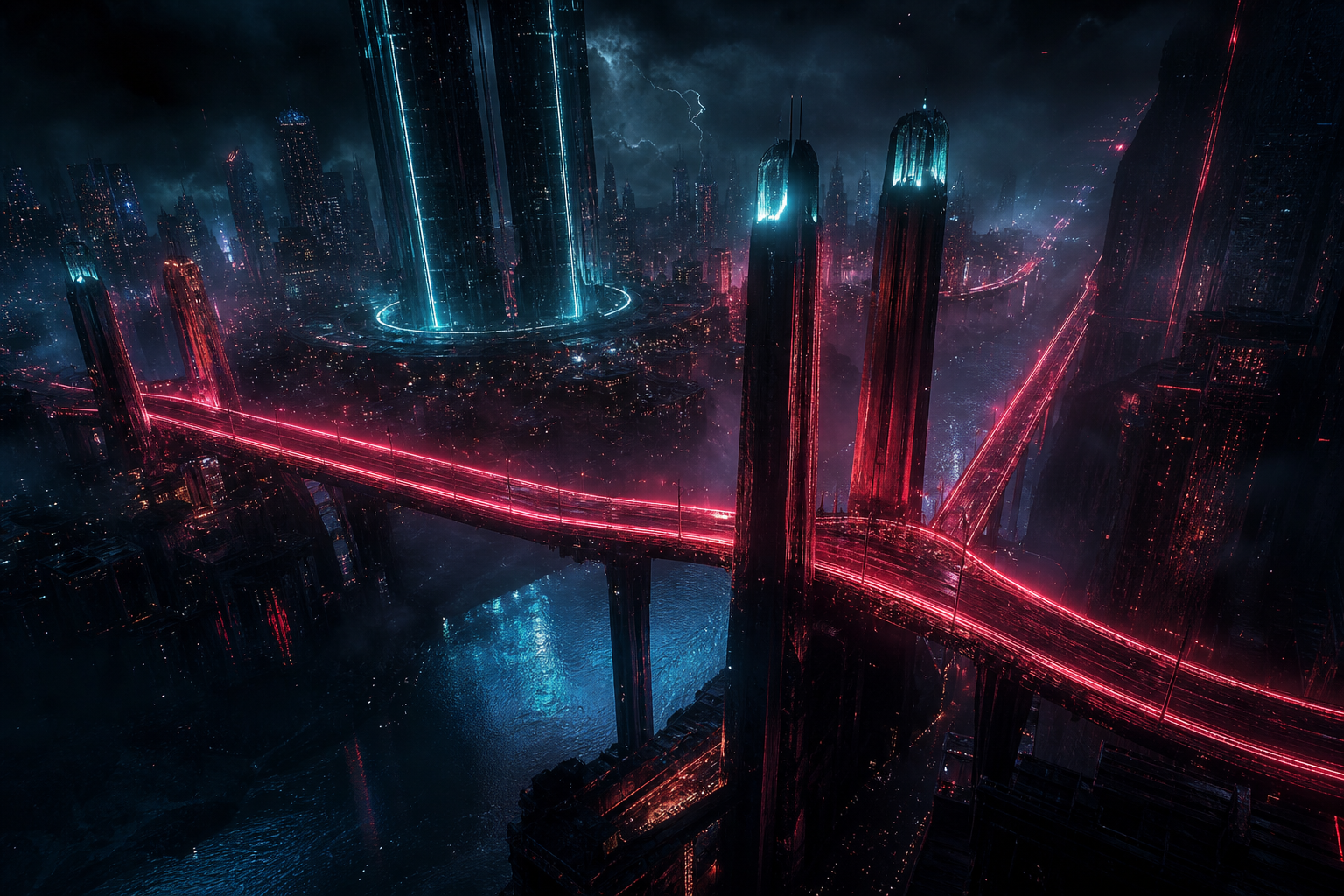 Neon Bridge Over Futuristic River Cyberpunk Wallpaper  11 4K