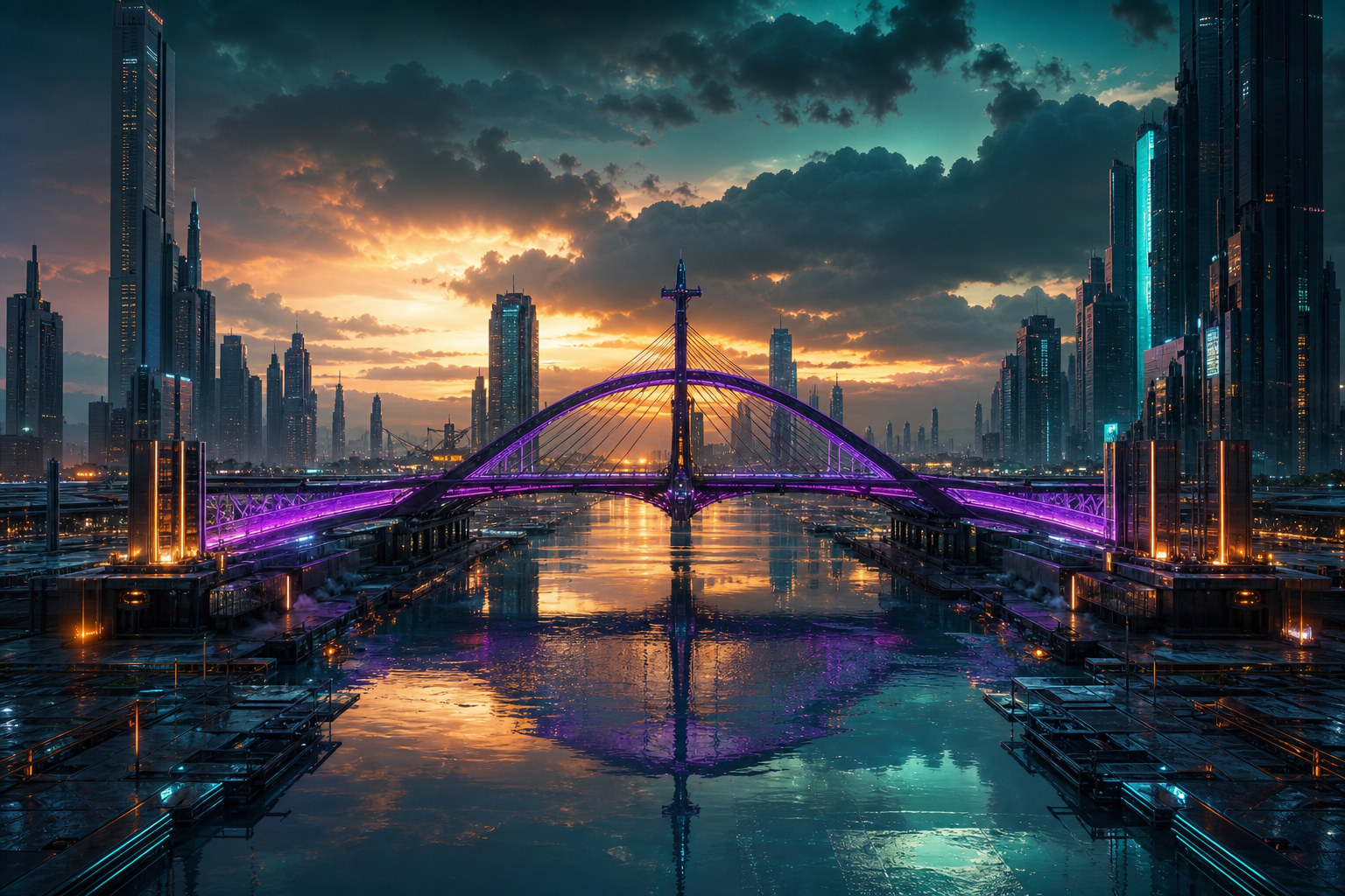Neon Bridge Over Futuristic River Cyberpunk Wallpaper  11 4K