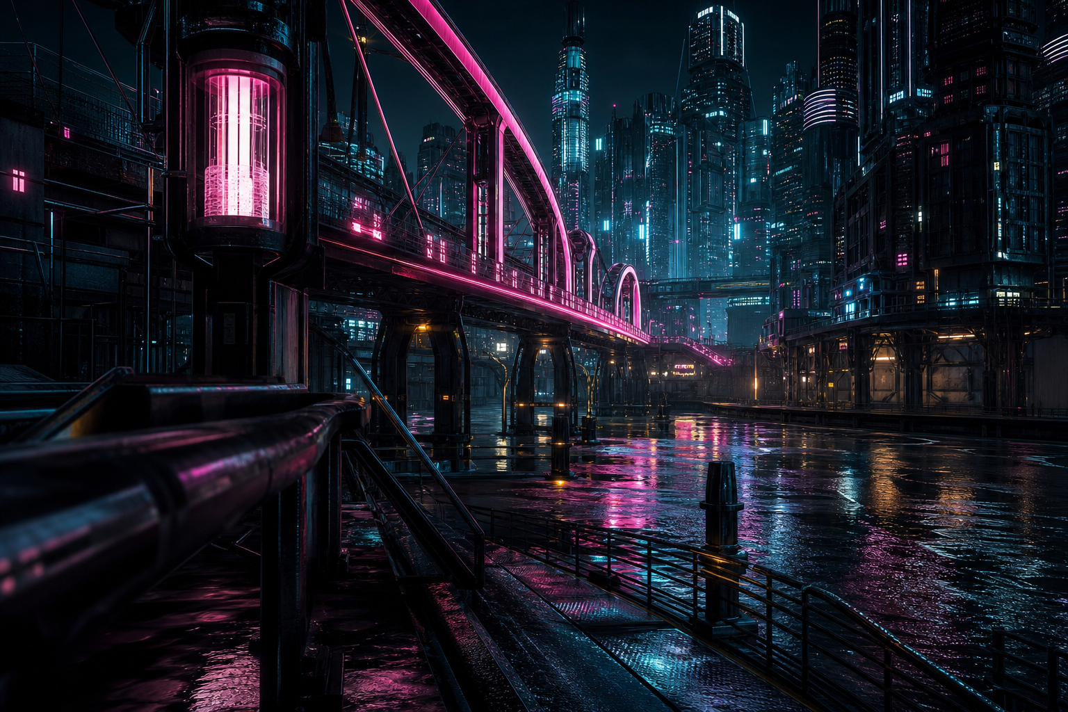Neon Bridge Over Futuristic River Cyberpunk Wallpaper  11 4K