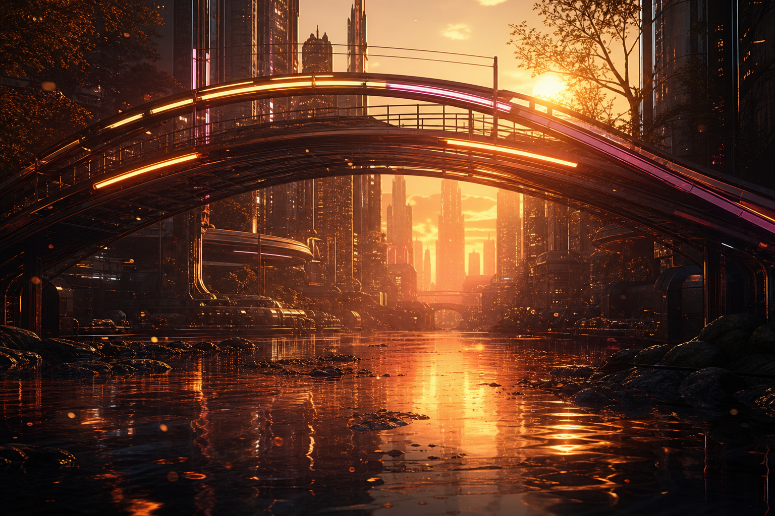 Neon Bridge Over Futuristic River Cyberpunk Wallpaper  11 4K