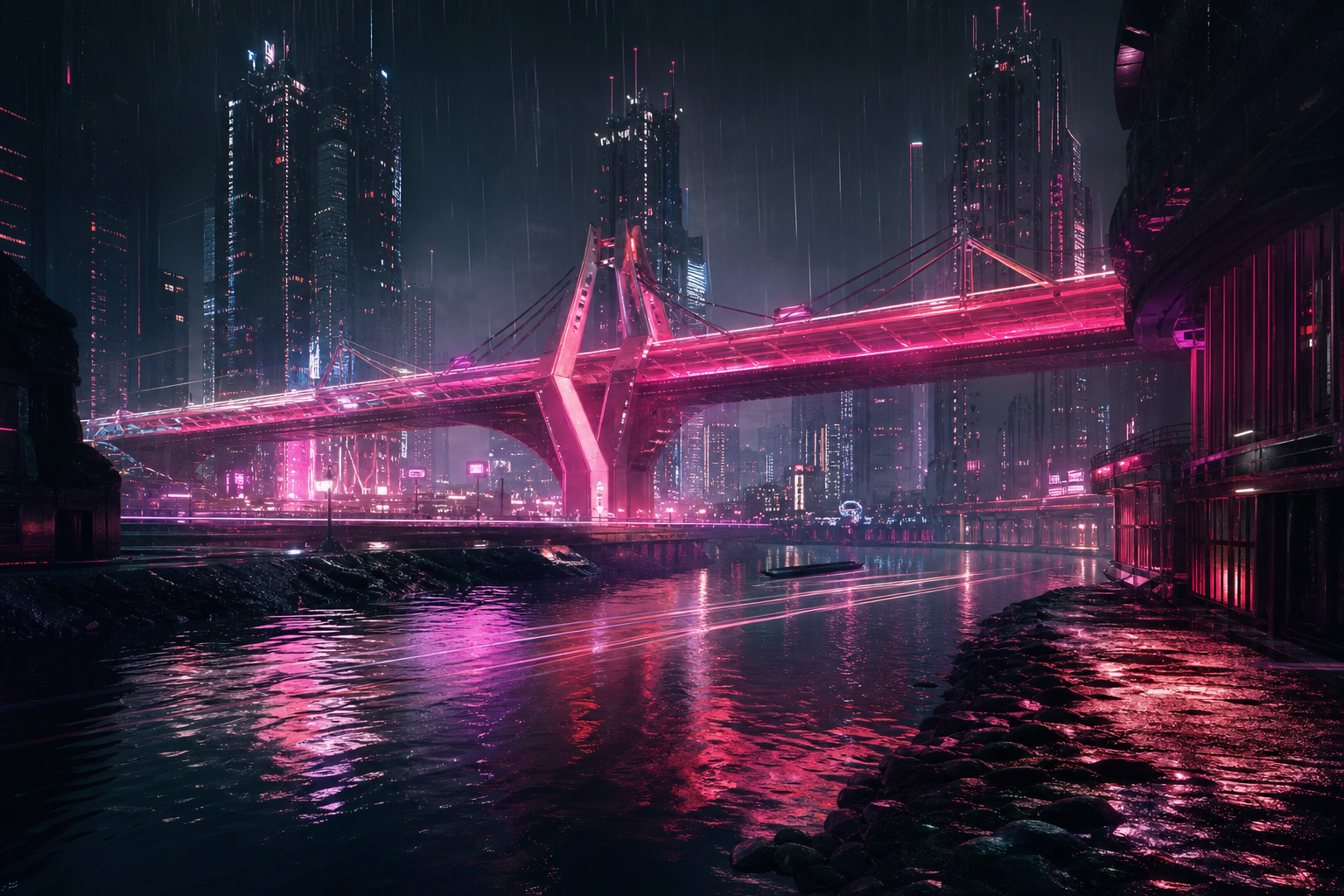 Neon Bridge Over Futuristic River Cyberpunk Wallpaper  11 4K