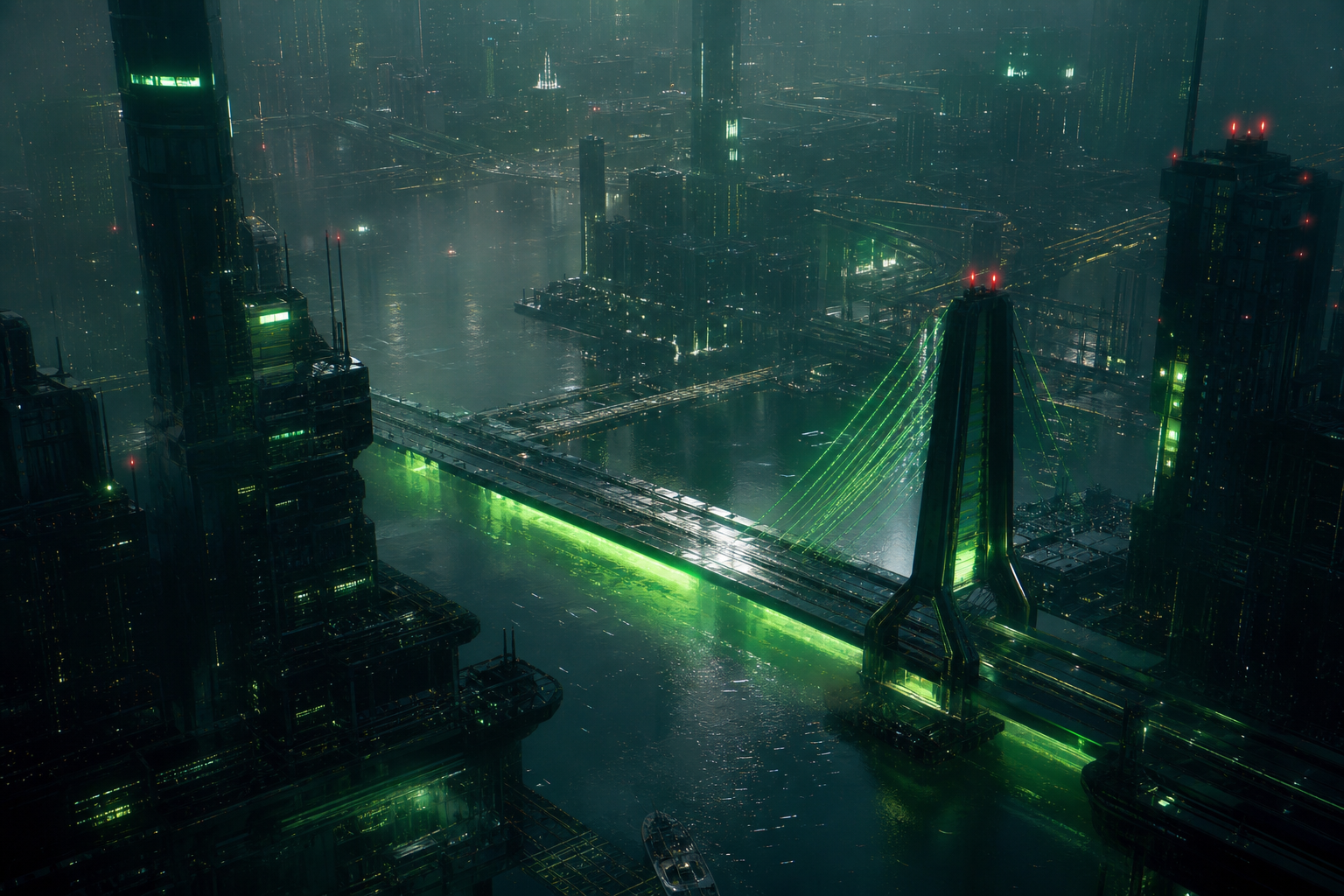 Neon Bridge Over Futuristic River Cyberpunk Wallpaper  11 4K