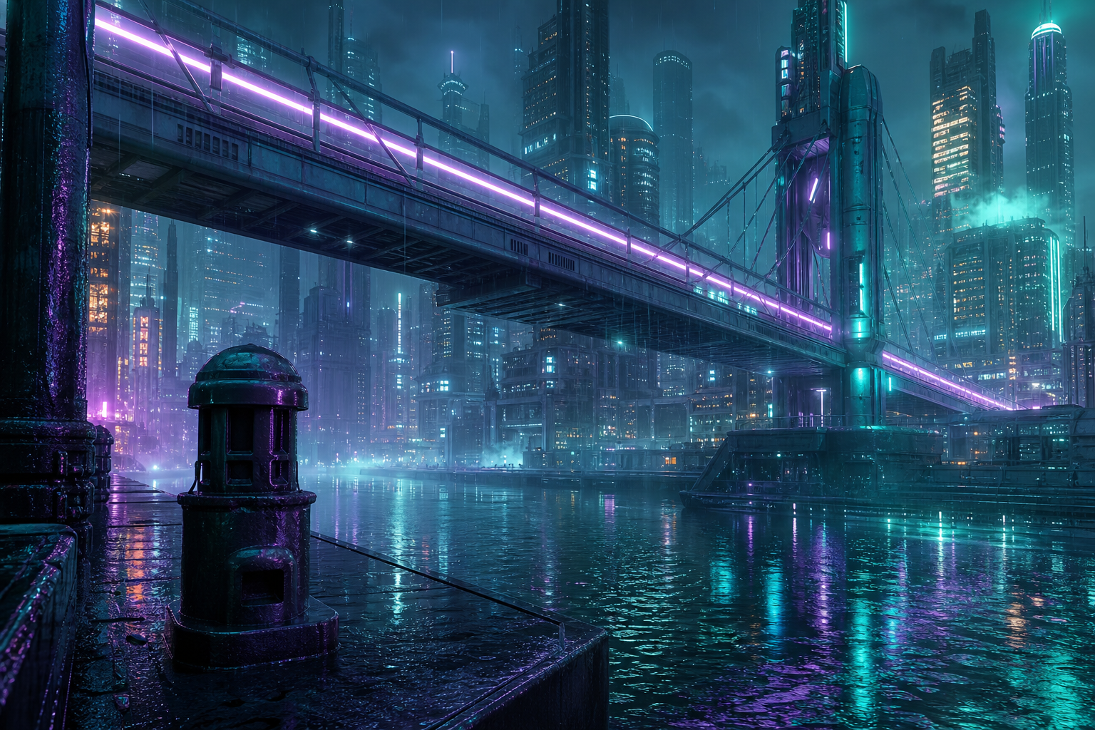 Neon Bridge Over Futuristic River Cyberpunk Wallpaper  11 4K