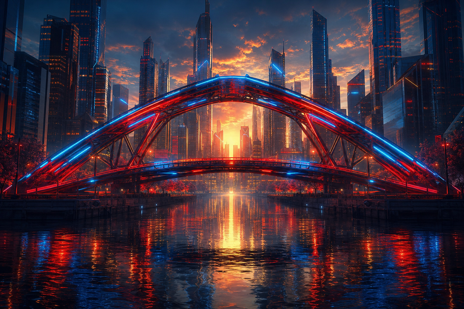Neon Bridge Over Futuristic River Cyberpunk Wallpaper  11 4K