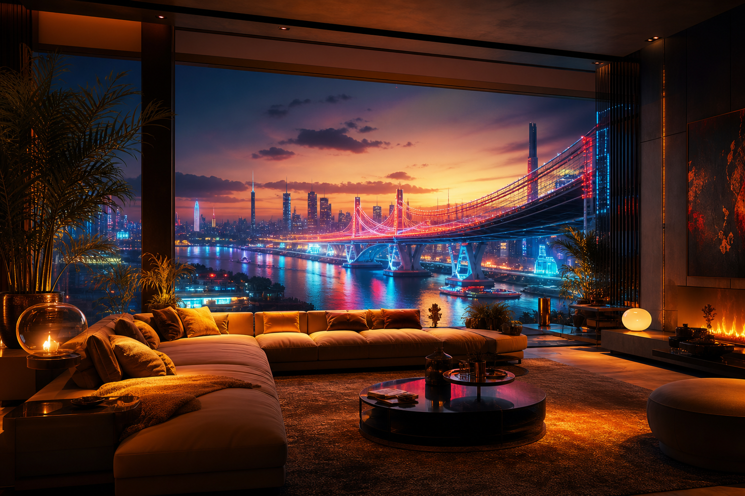 Neon Bridge Over Futuristic River Living-Room-Design Wallpaper  27 4K
