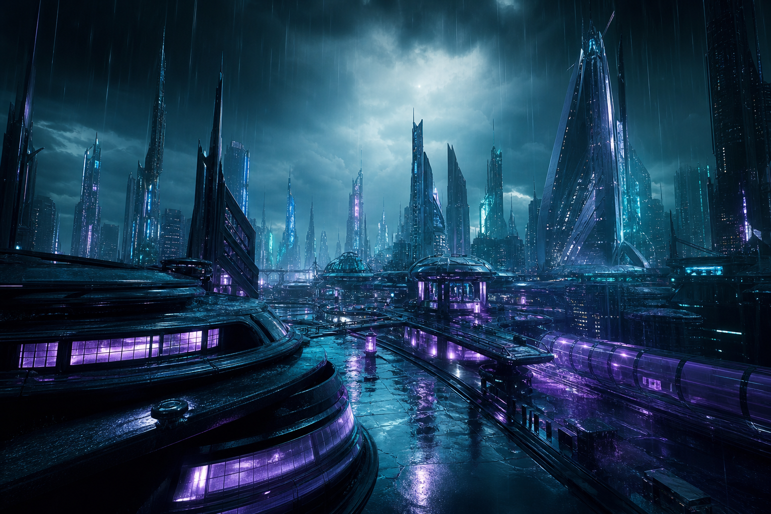 Neon Cyberpunk City In Rain Architecture Wallpaper  1 4K