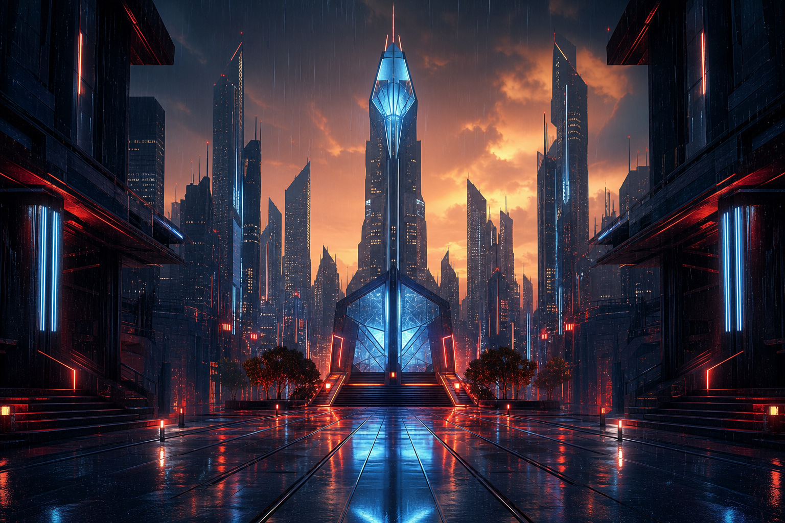 Neon Cyberpunk City In Rain Architecture Wallpaper  1 4K