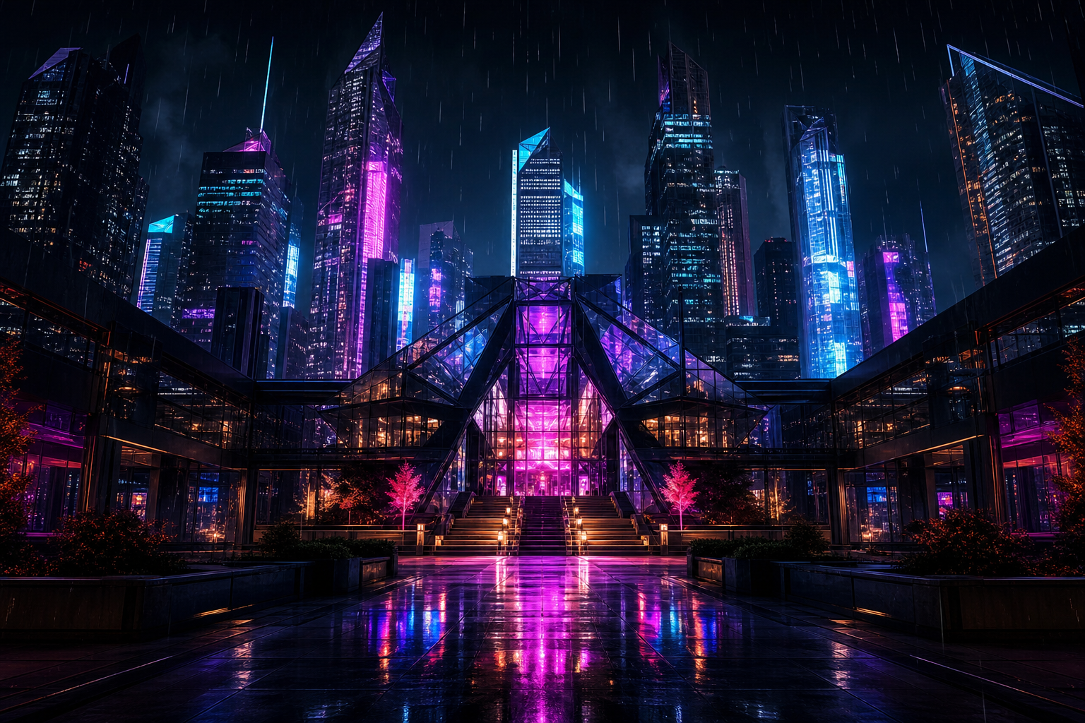 Neon Cyberpunk City In Rain Architecture Wallpaper  1 4K