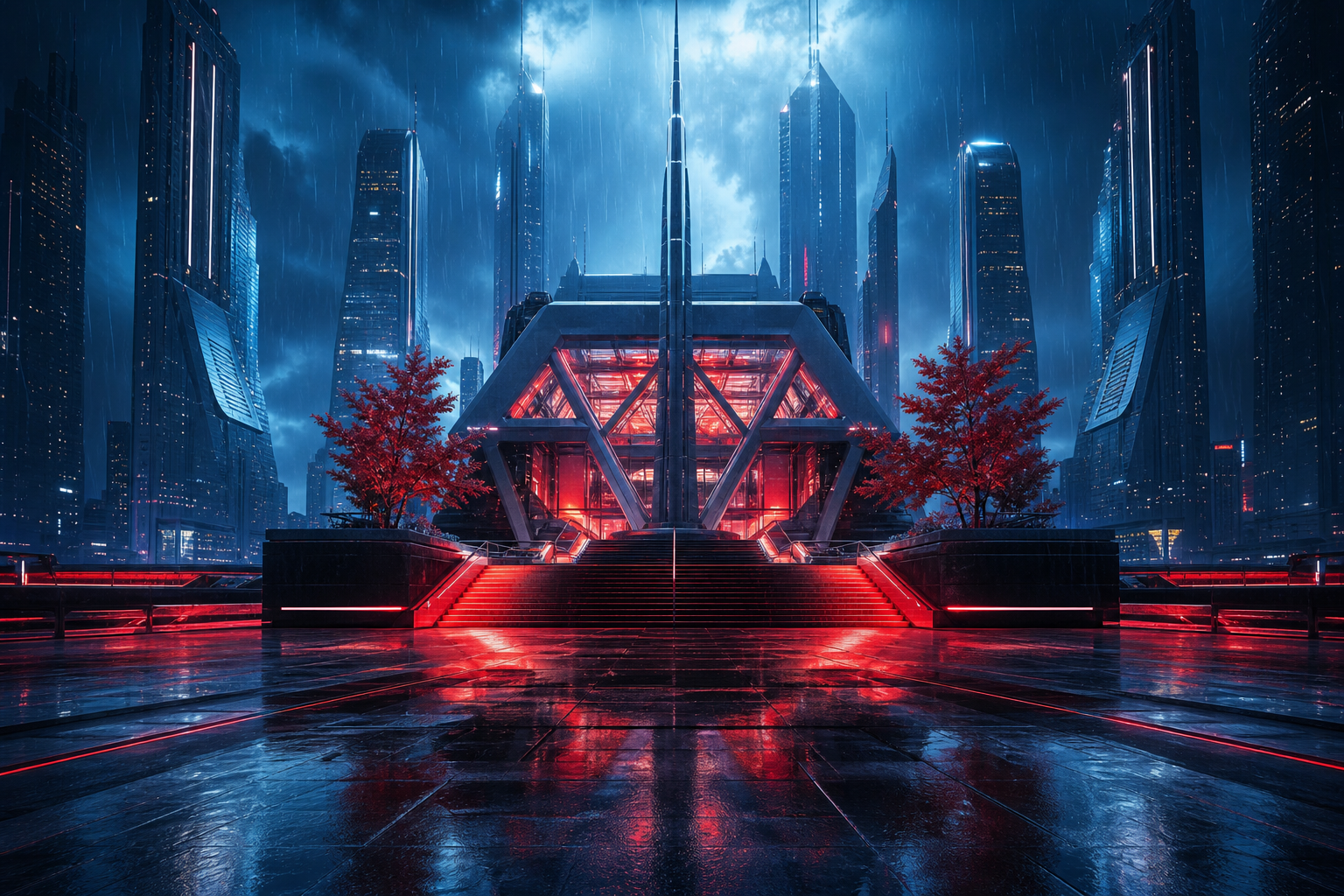 Neon Cyberpunk City In Rain Architecture Wallpaper  1 4K