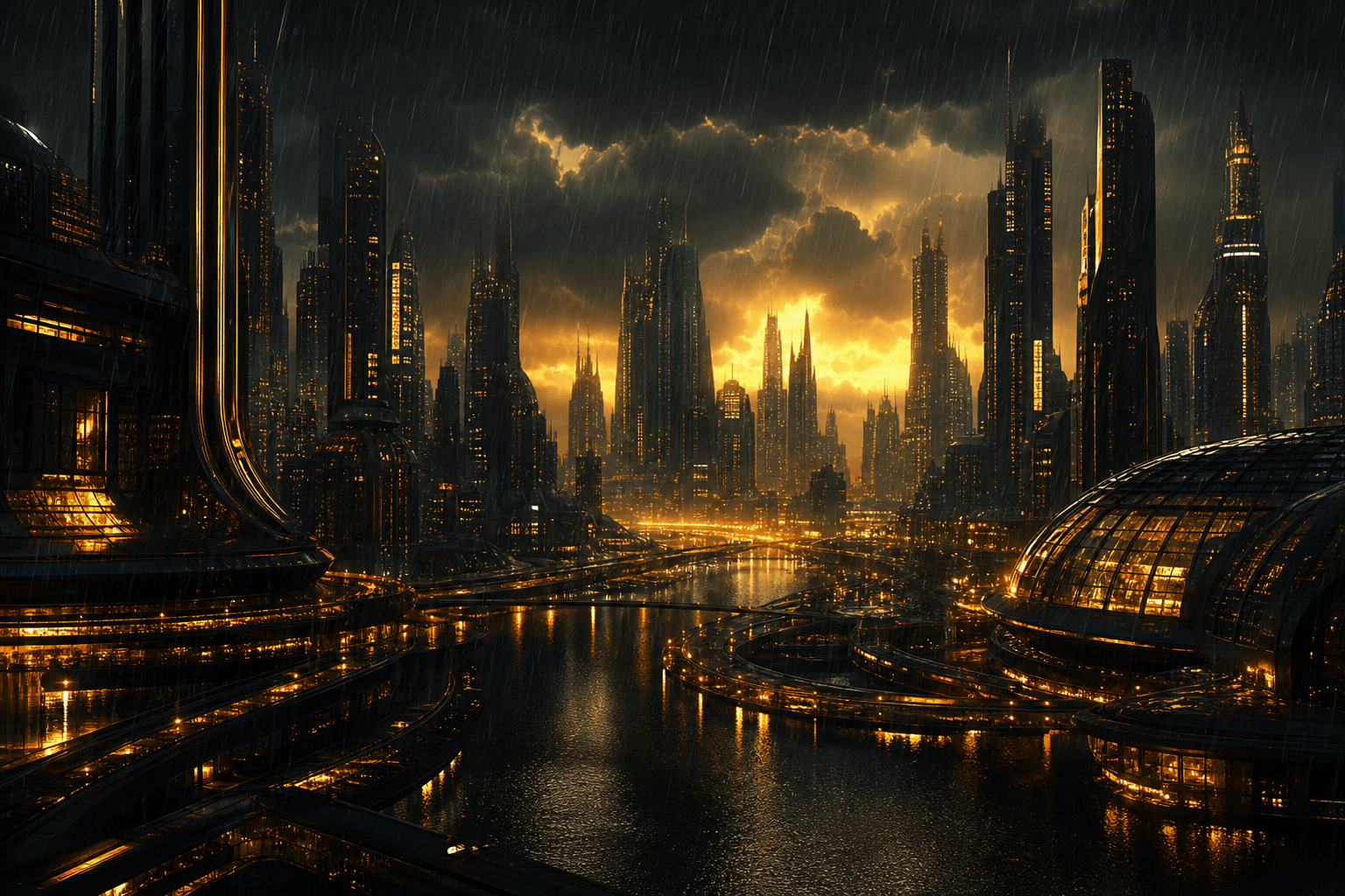 Neon Cyberpunk City In Rain Architecture Wallpaper  1 4K