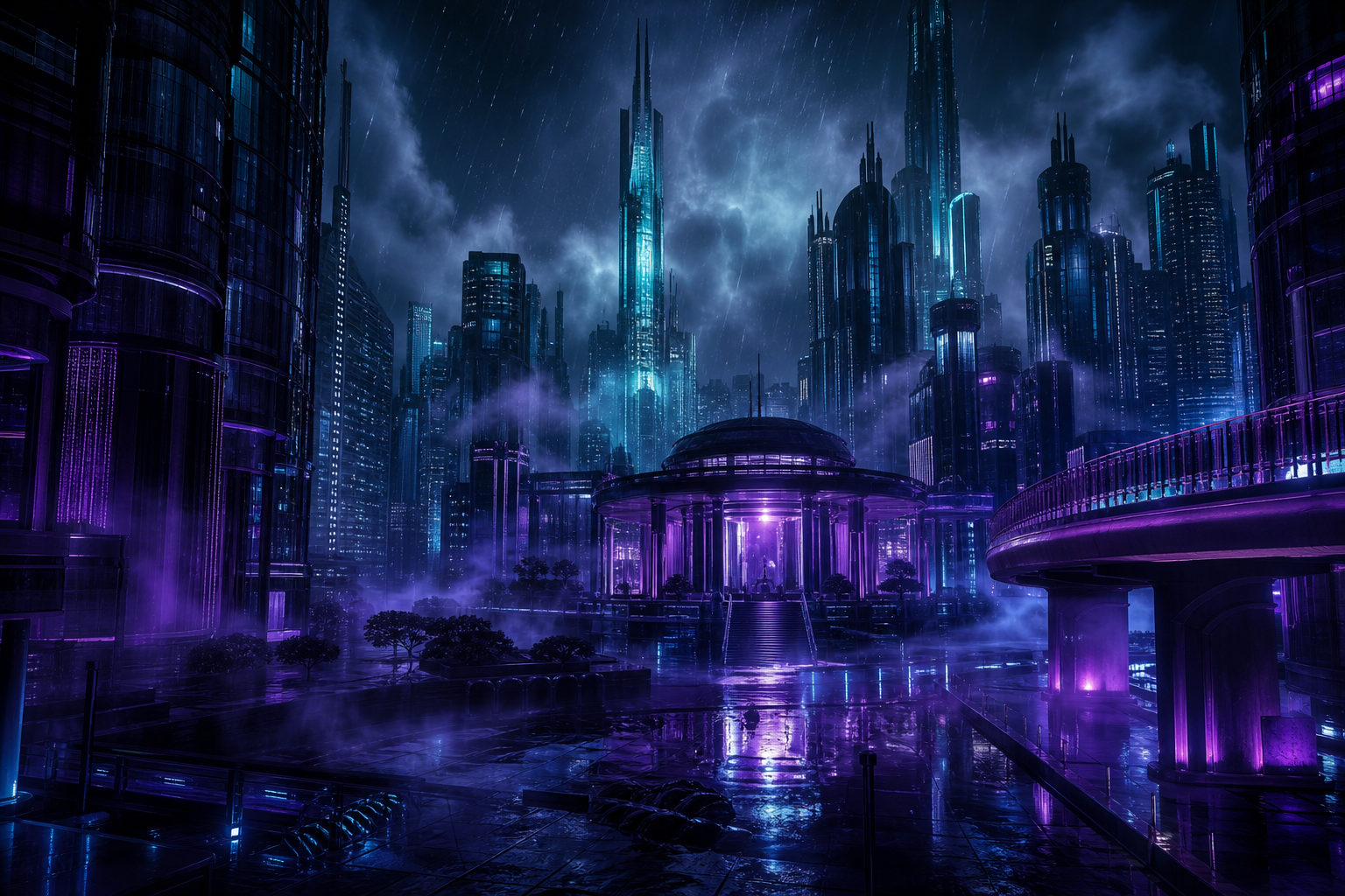 Neon Cyberpunk City In Rain Architecture Wallpaper  1 4K