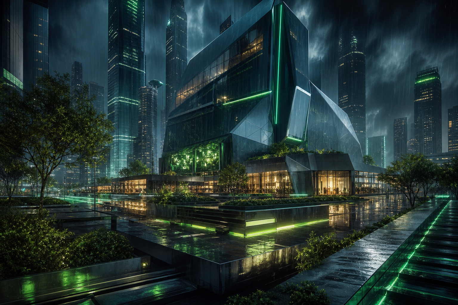 Neon Cyberpunk City In Rain Architecture Wallpaper  1 4K