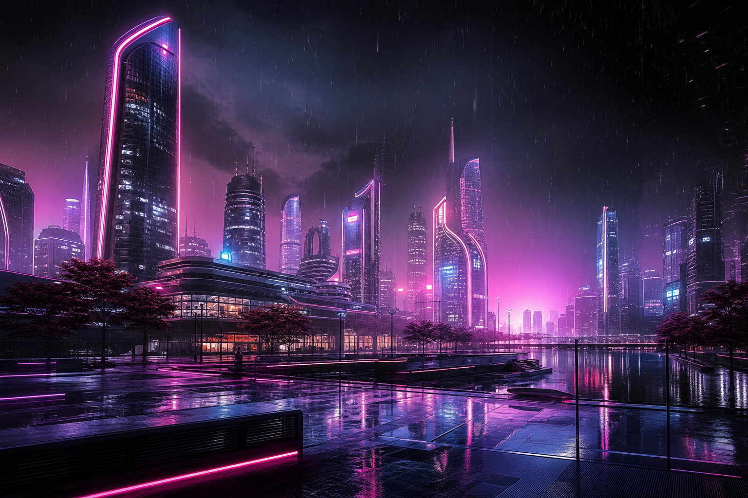 Neon Cyberpunk City In Rain Architecture Wallpaper  1 4K