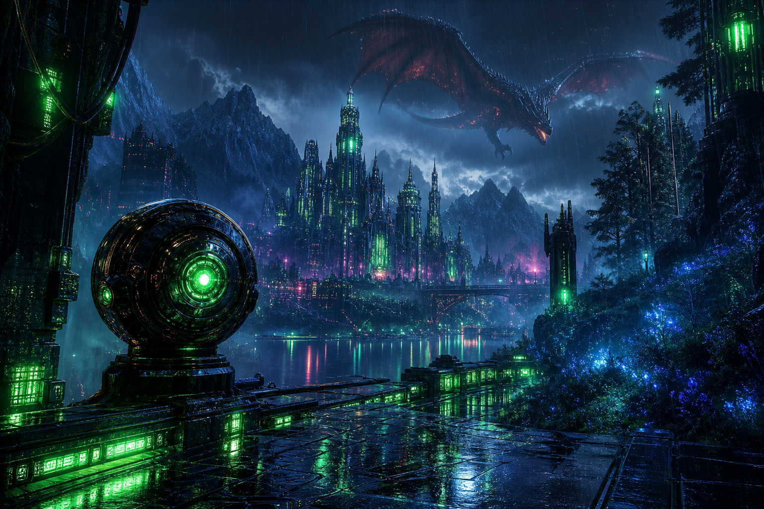 Neon Cyberpunk City In Rain Fantasy Wallpaper  1 4K