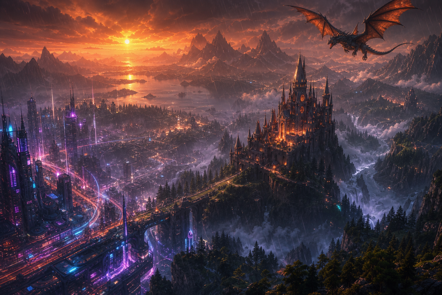 Neon Cyberpunk City In Rain Fantasy Wallpaper  1 4K
