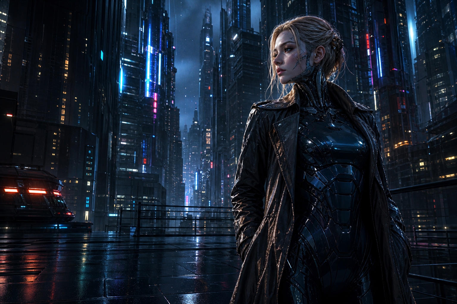 Neon Cyberpunk City In Rain Female-Androids Wallpaper  1 4K