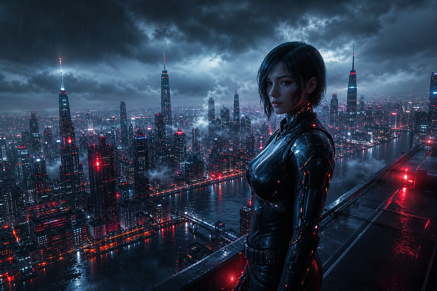 Neon Cyberpunk City In Rain Female-Androids Wallpaper  1 4K