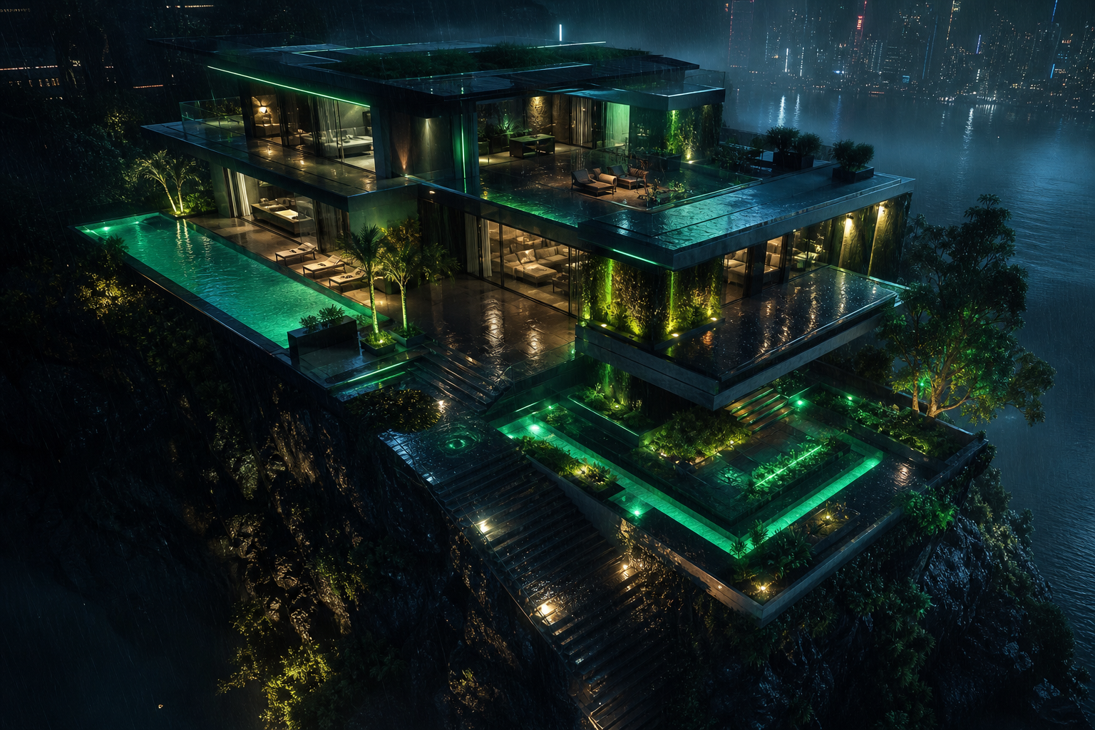 Neon Cyberpunk City In Rain House-Design Wallpaper  1 4K