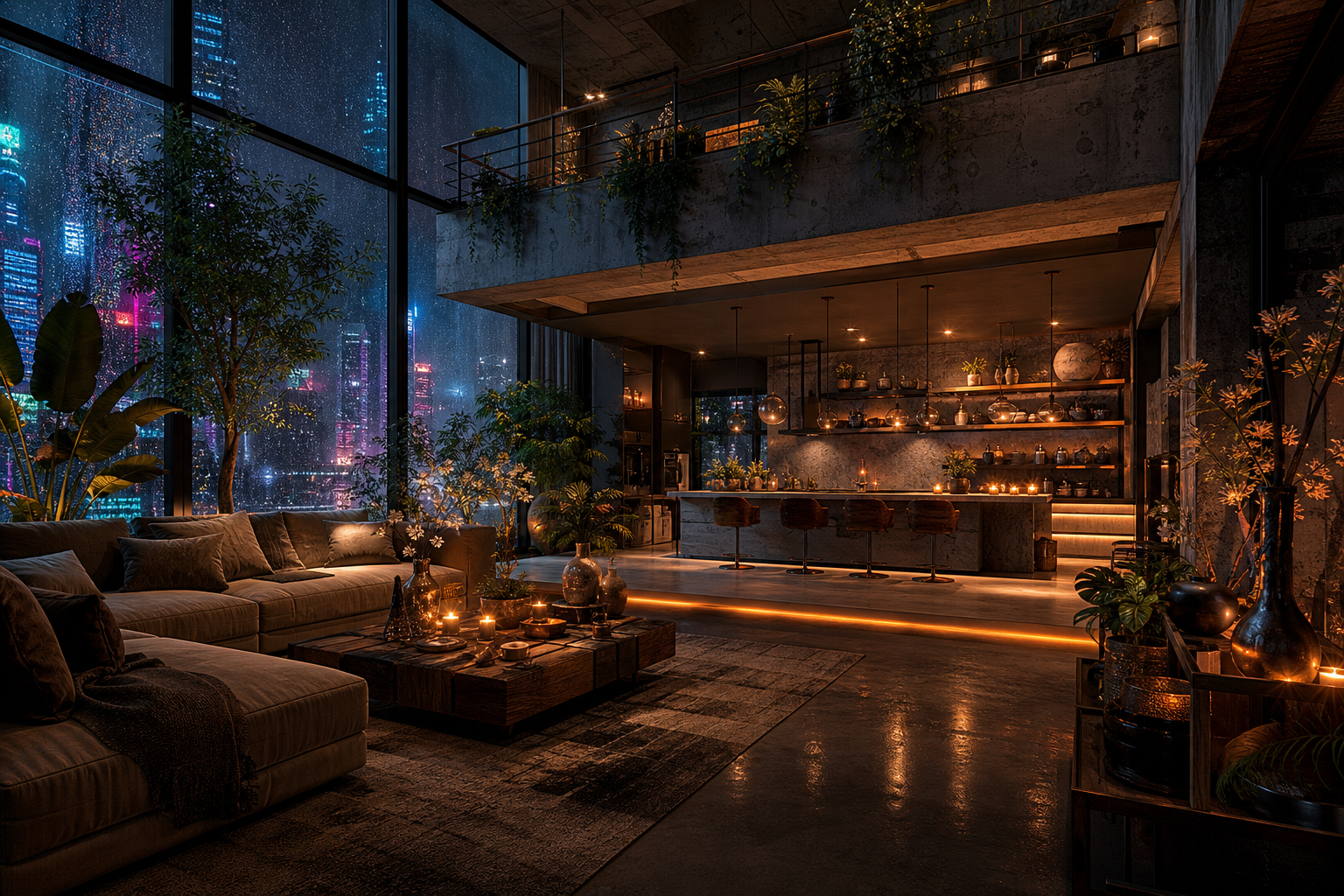 Neon Cyberpunk City In Rain Living-Room-Design Wallpaper  1 4K