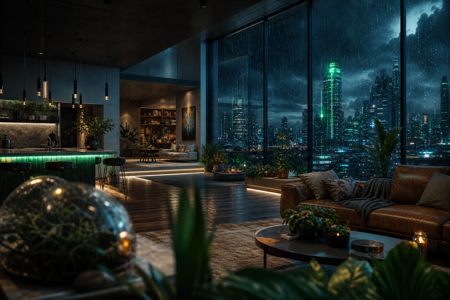 Neon Cyberpunk City In Rain Living-Room-Design Wallpaper  1 4K