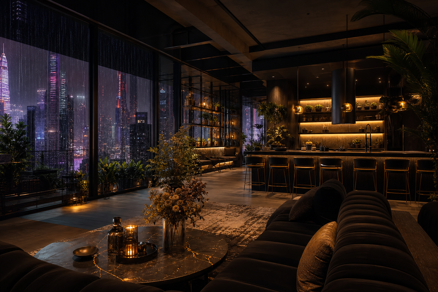 Neon Cyberpunk City In Rain Living-Room-Design Wallpaper  1 4K