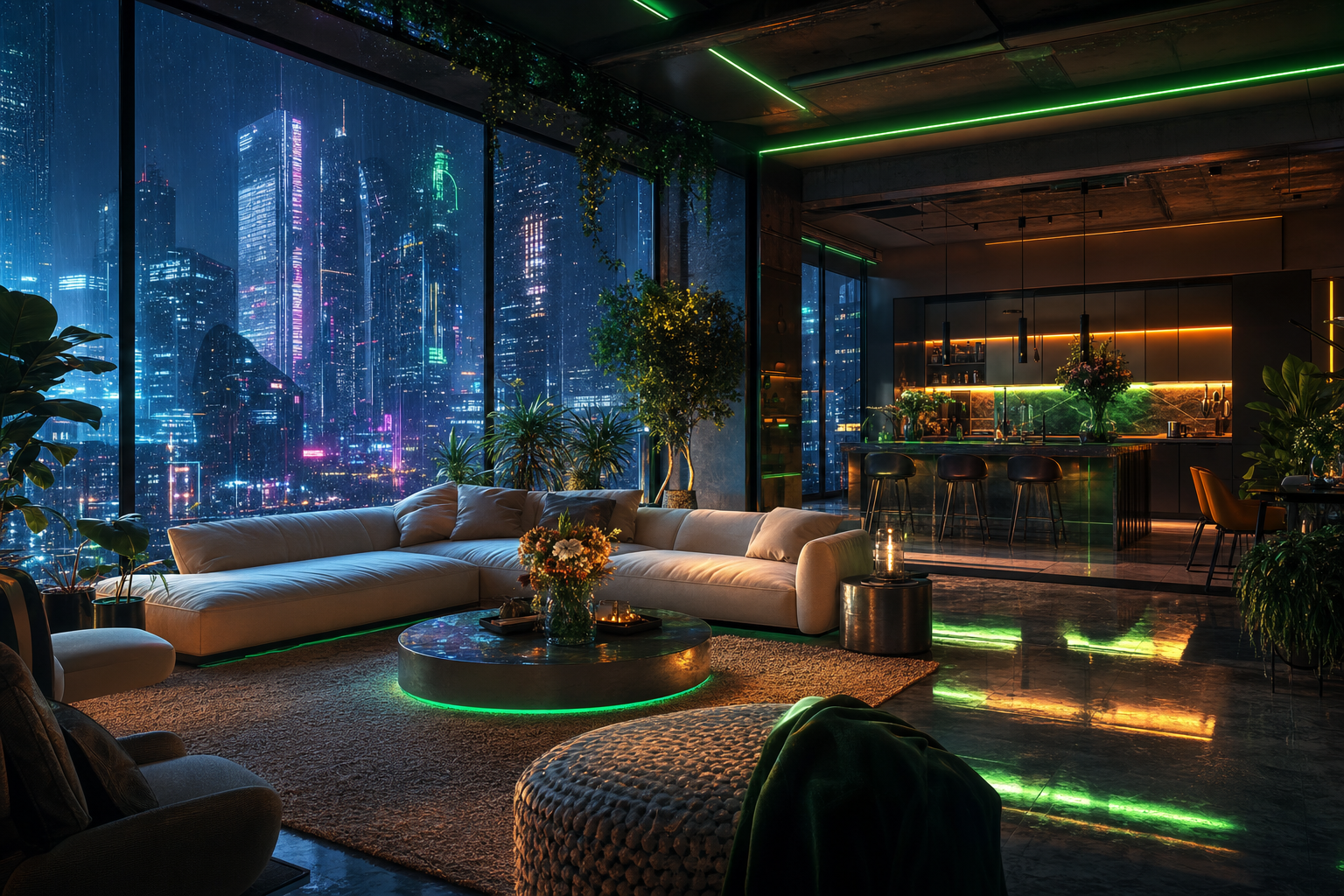 Neon Cyberpunk City In Rain Living-Room-Design Wallpaper  1 4K