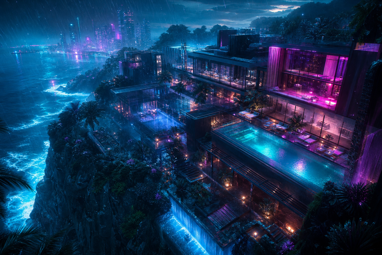 Neon Cyberpunk City In Rain Luxury-Villas Wallpaper  1 4K