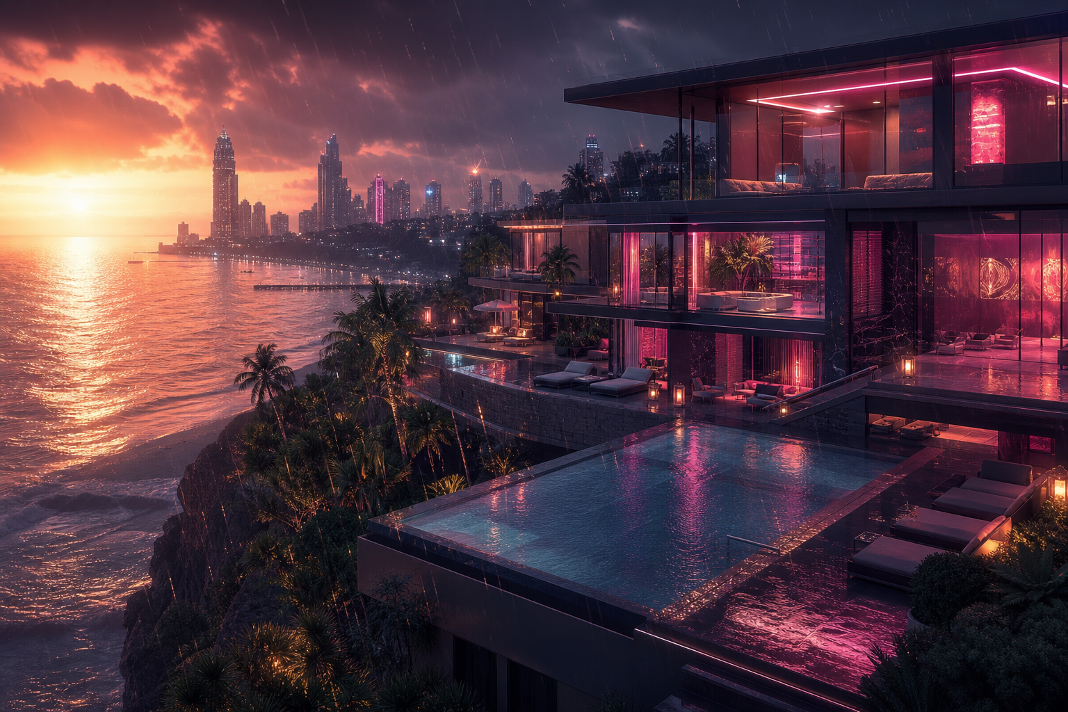 Neon Cyberpunk City In Rain Luxury-Villas Wallpaper  1 4K