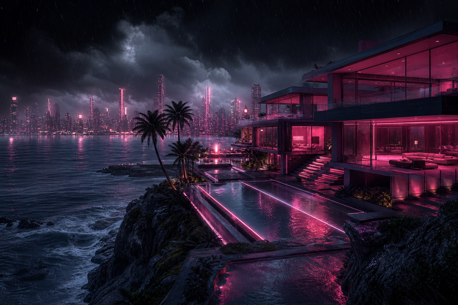 Neon Cyberpunk City In Rain Luxury-Villas Wallpaper  1 4K