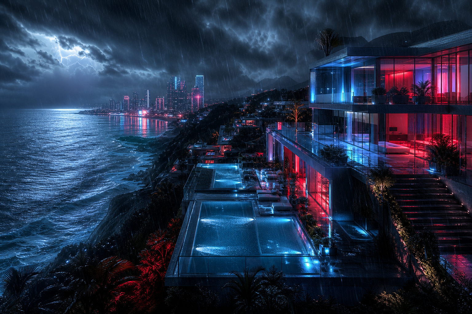 Neon Cyberpunk City In Rain Luxury-Villas Wallpaper  1 4K