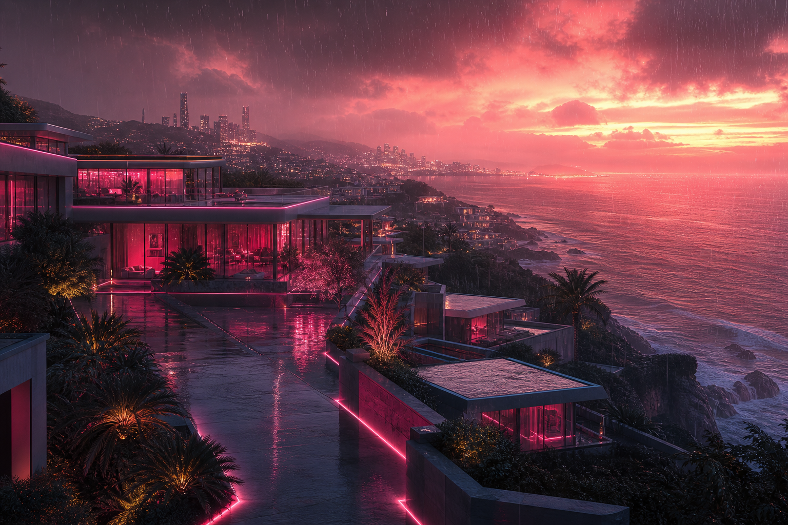 Neon Cyberpunk City In Rain Luxury-Villas Wallpaper  1 4K