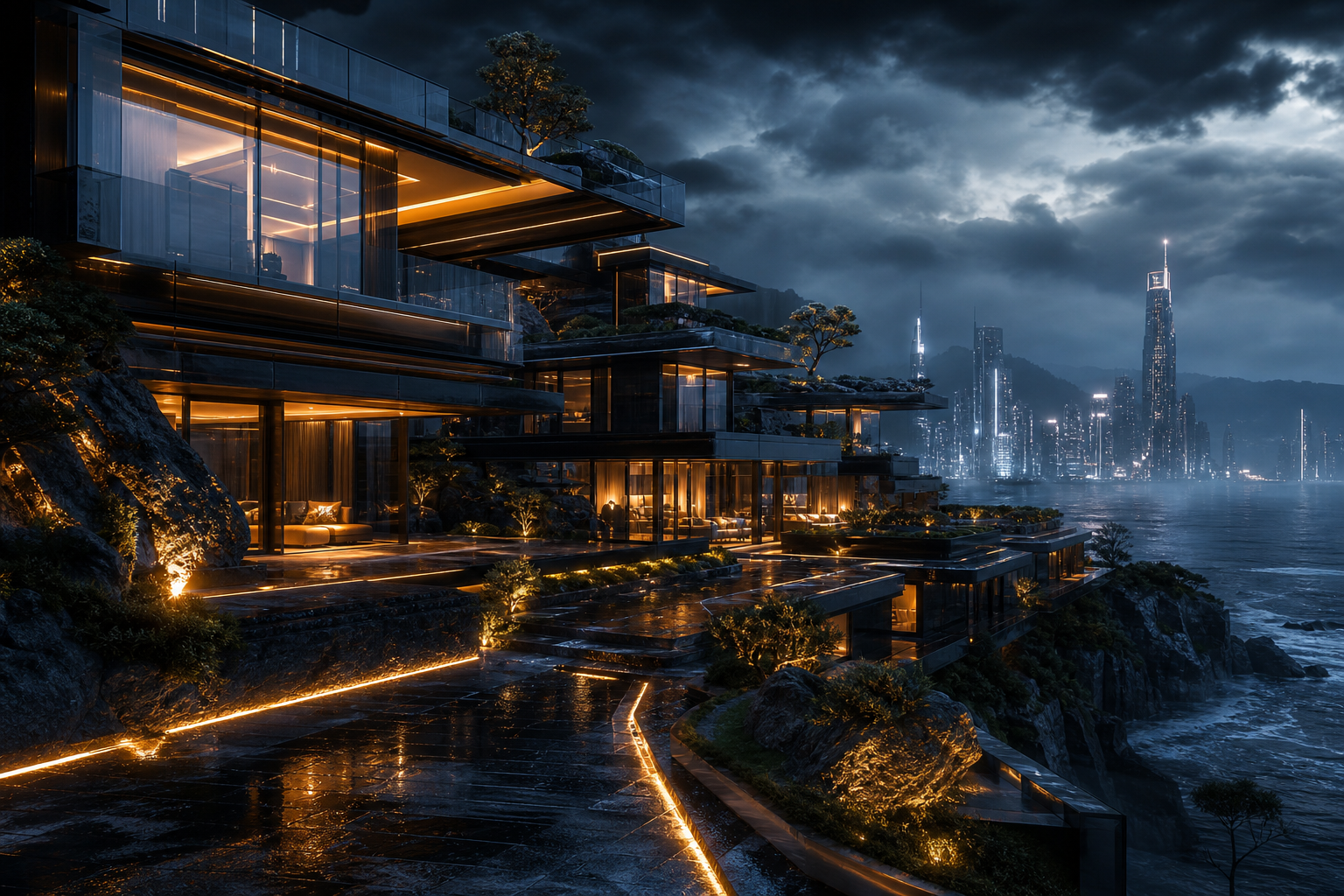 Neon Cyberpunk City In Rain Luxury-Villas Wallpaper  1 4K