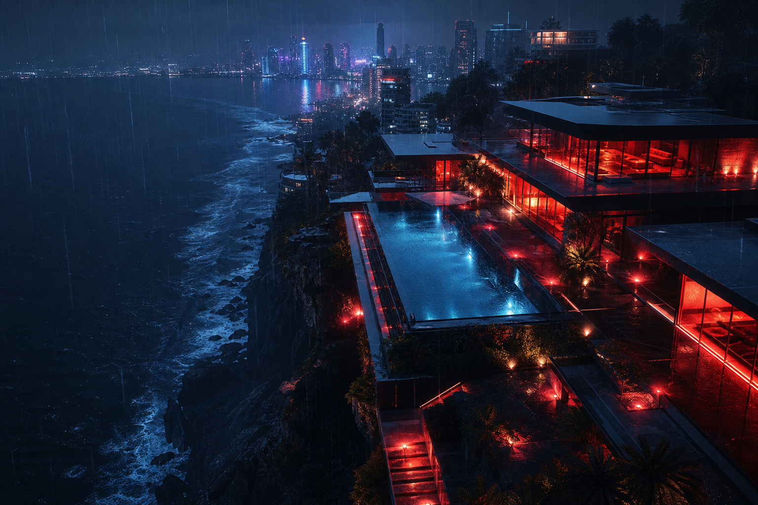Neon Cyberpunk City In Rain Luxury-Villas Wallpaper  1 4K