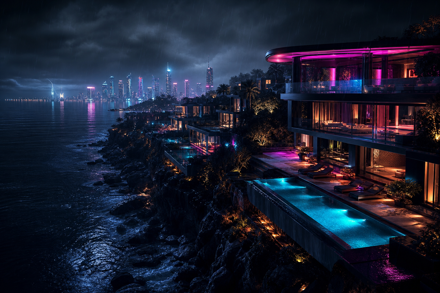 Neon Cyberpunk City In Rain Luxury-Villas Wallpaper  1 4K
