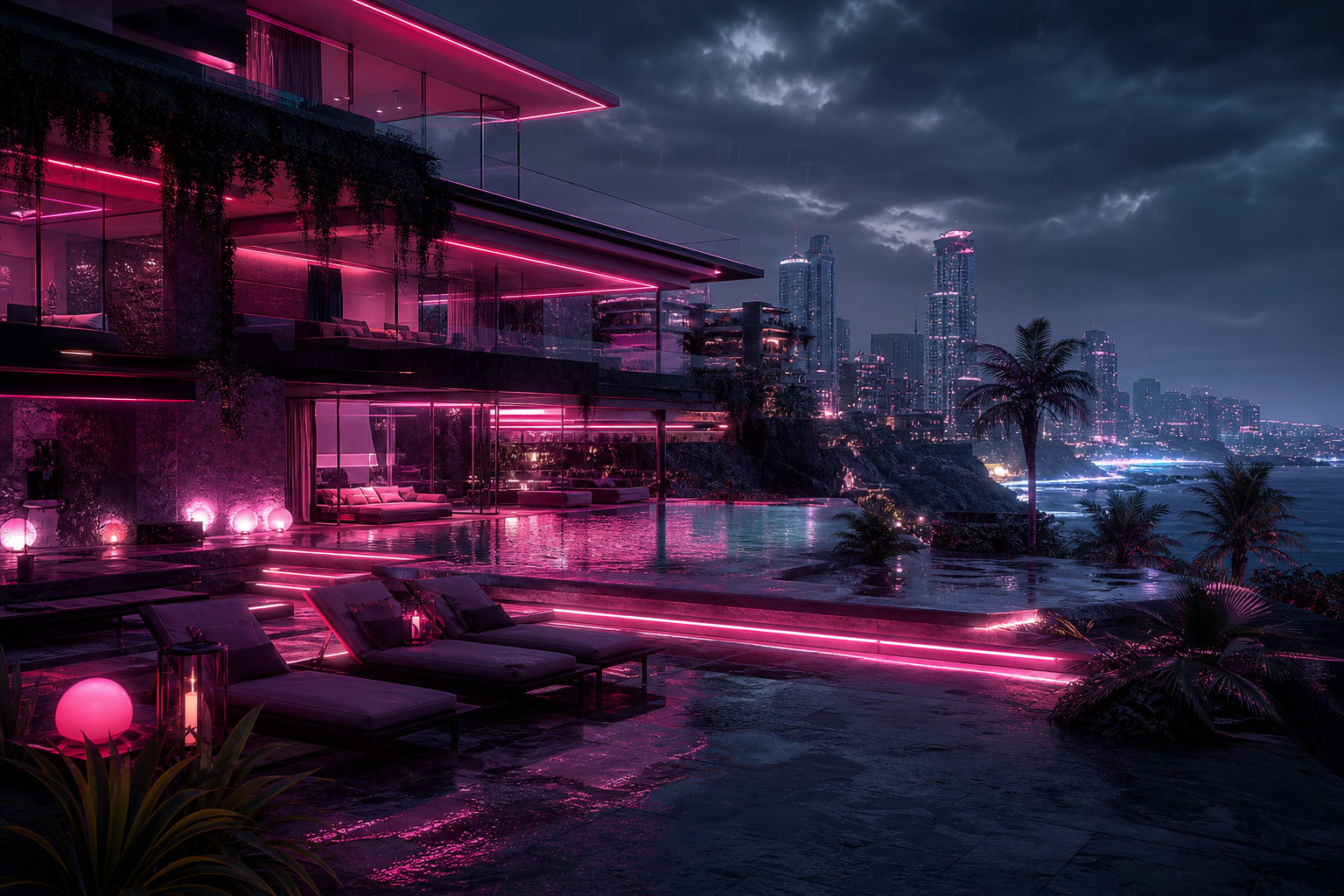 Neon Cyberpunk City In Rain Luxury-Villas Wallpaper  1 4K