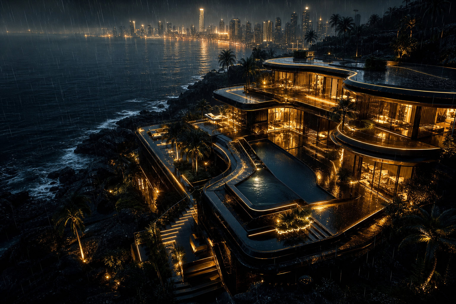 Neon Cyberpunk City In Rain Luxury-Villas Wallpaper  1 4K