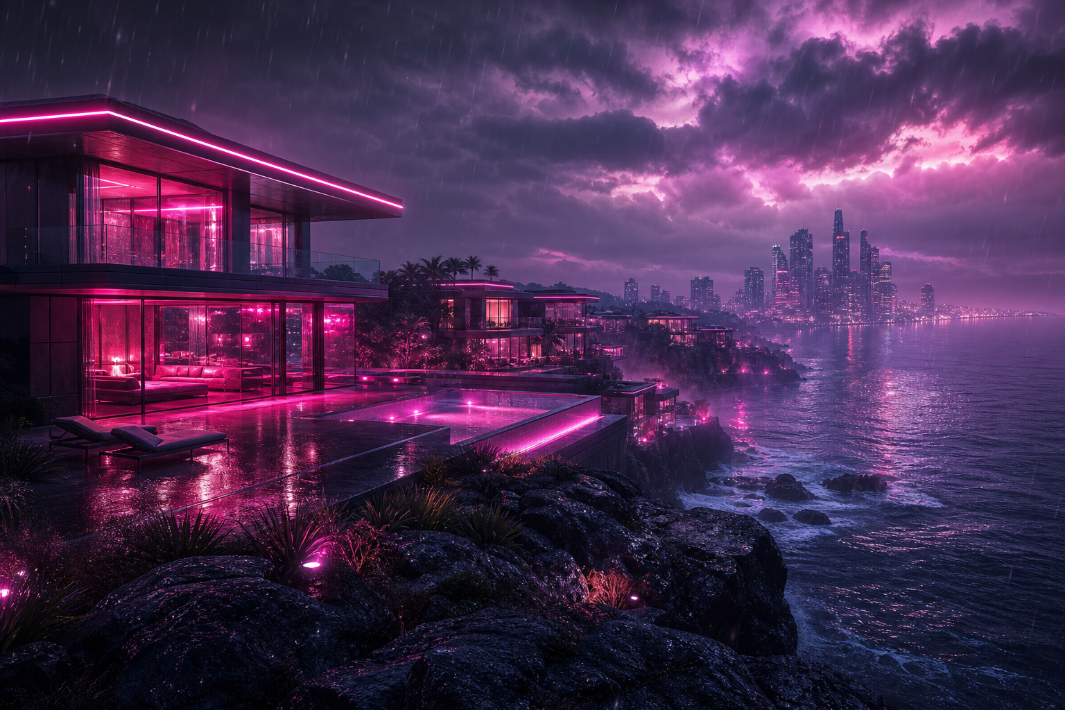 Neon Cyberpunk City In Rain Luxury-Villas Wallpaper  1 4K