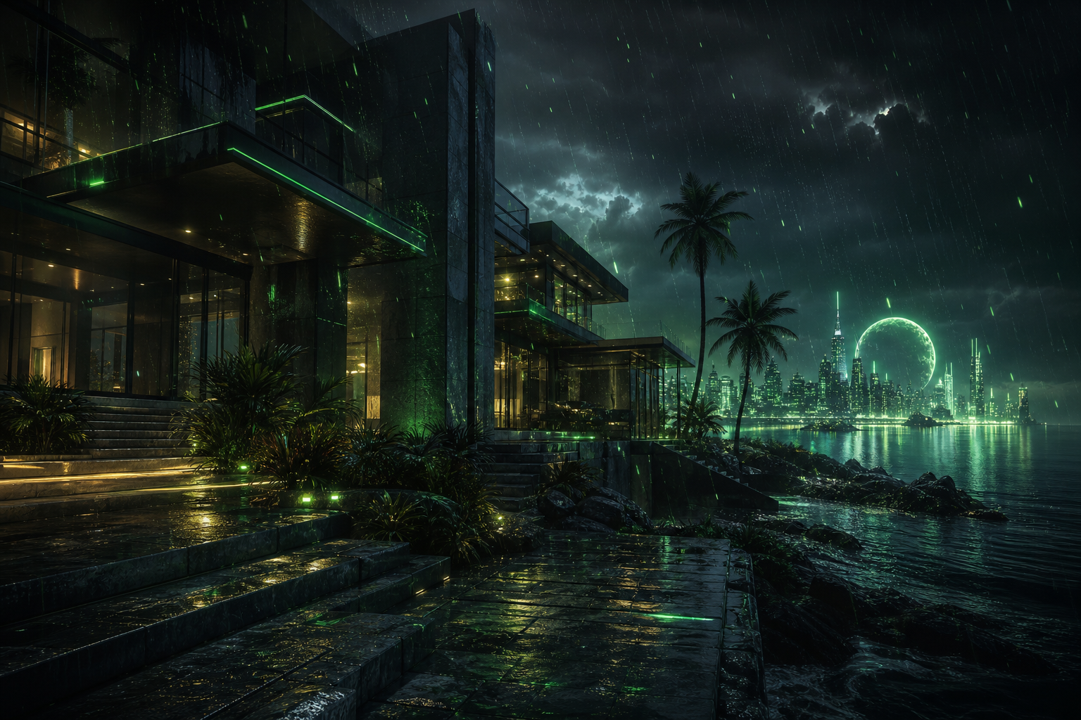 Neon Cyberpunk City In Rain Luxury-Villas Wallpaper  1 4K