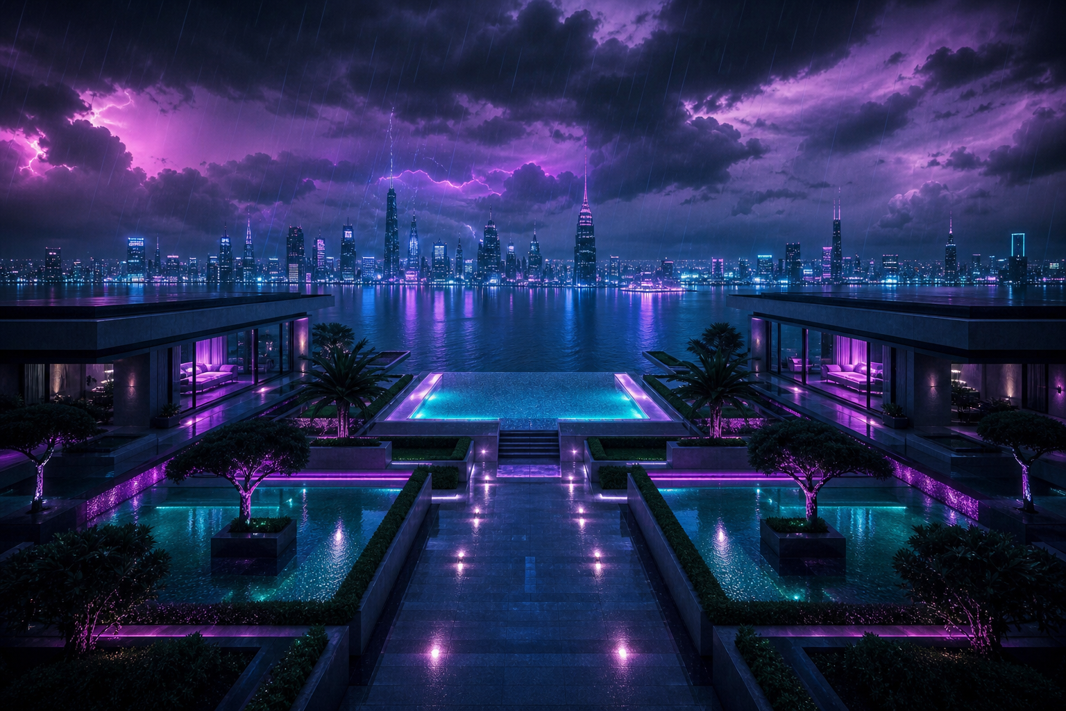 Neon Cyberpunk City In Rain Luxury-Villas Wallpaper  1 4K